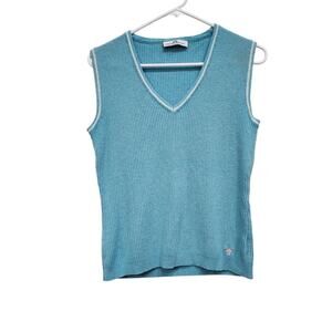 Walter Genuin Cable Knitted Ribbed Sleeveless V-Neck Sweater Blue Size M